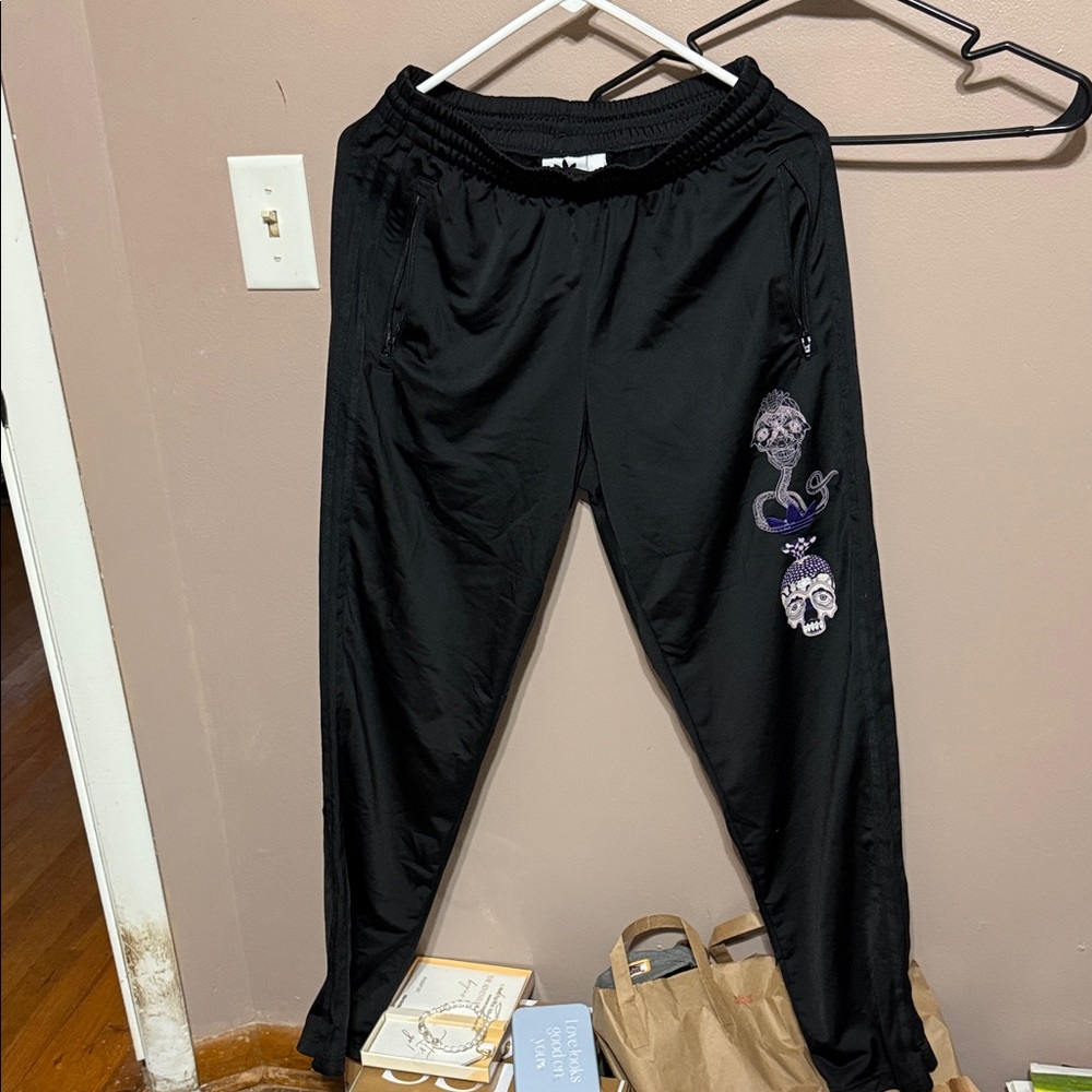 adidas Black Joggers with Purple Skull Graphic